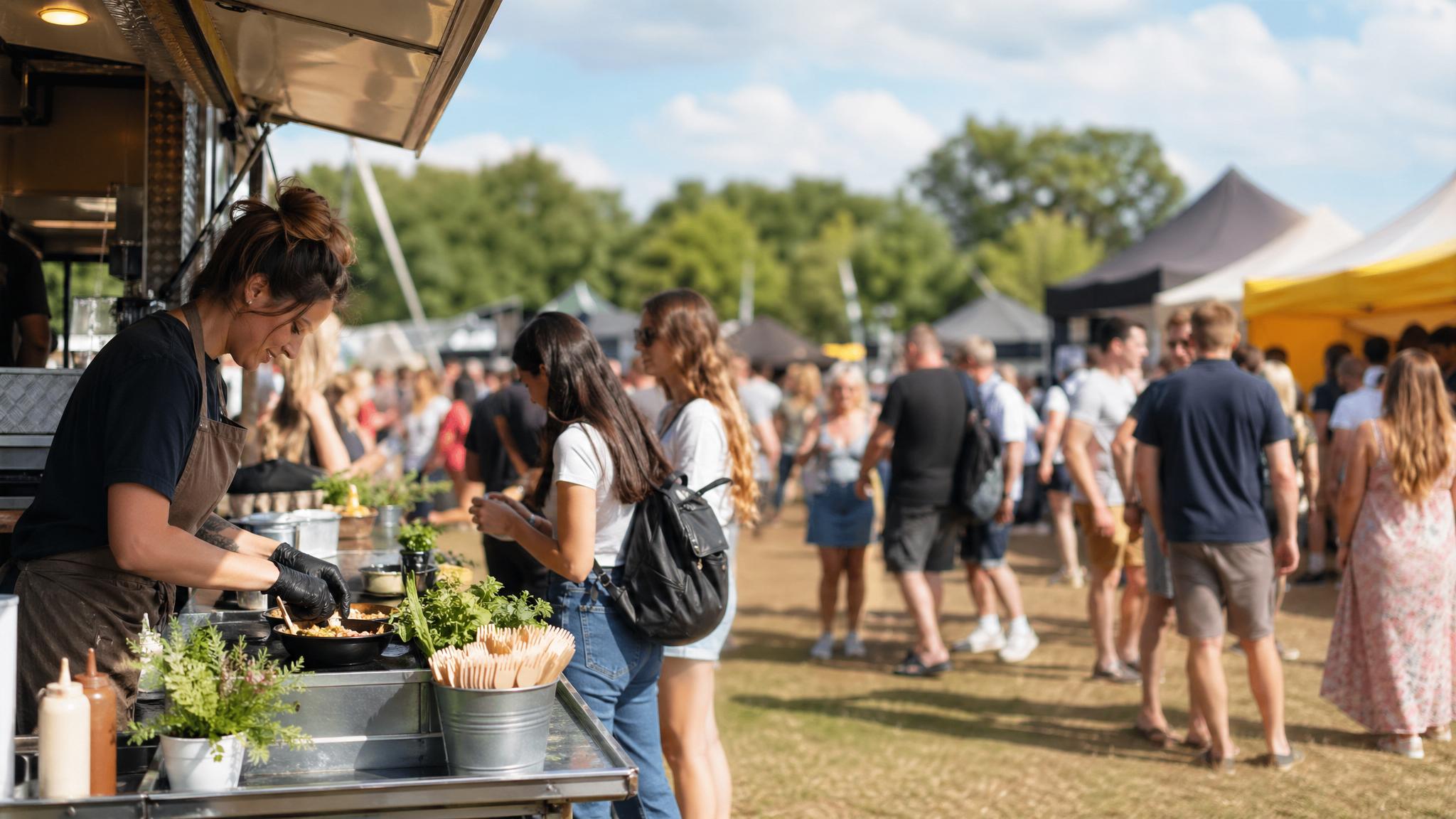 Food traders serving customers at a UK event